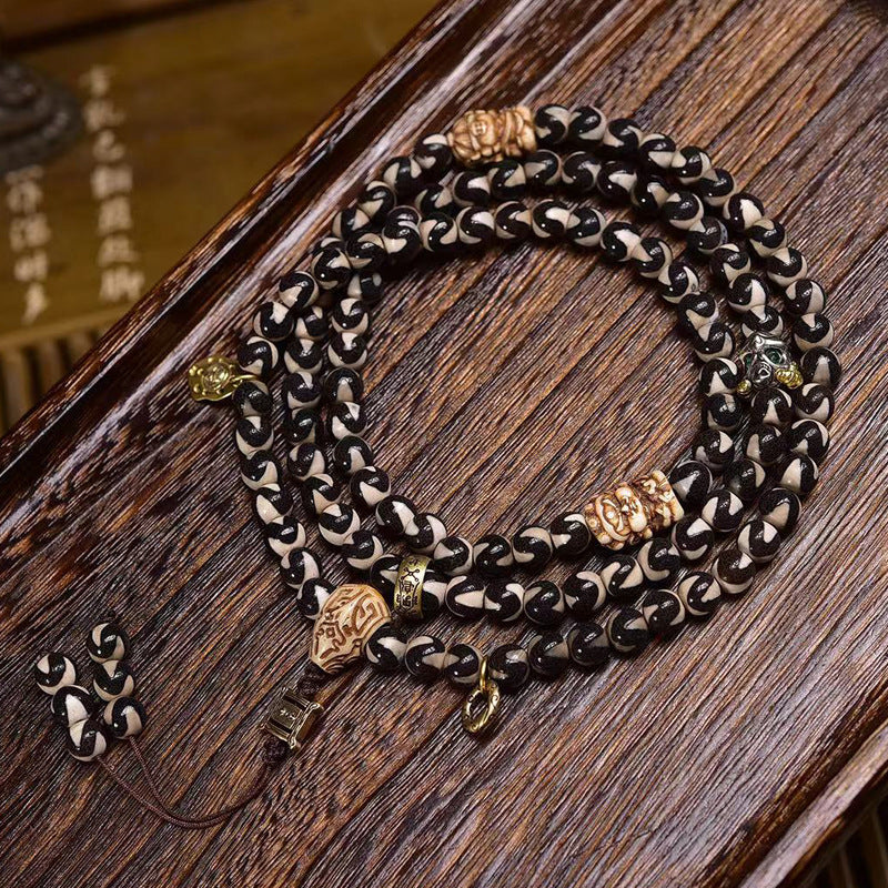 Natural Tiger Tooth Dzi Beads 108 Beads Mala Necklace - Touch Bling
