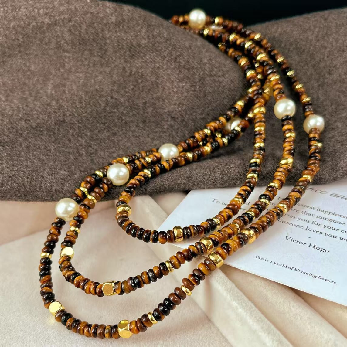 Natural Maillard Tiger's Eye Stone Artificial Crystal Pearl Necklace Vintage Multilayer Clavicle Chain Necklace - Touch Bling
