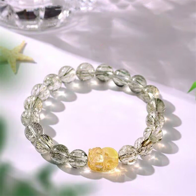 Natural Green Rutilated Quartz Crystal Bracelet with Pixiu - Touch Bling