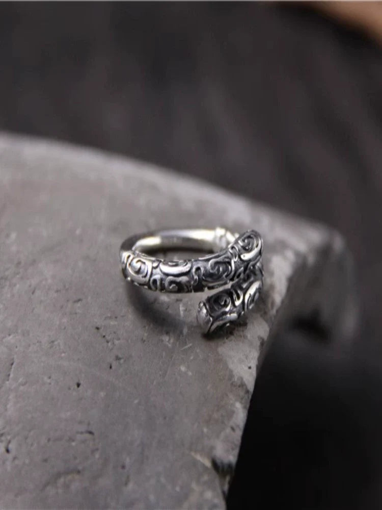 S925 Sterling Silver Retro Sun Wukong Golden Cudgel Ring Adjustable Unisex Finger Ring - Touch Bling