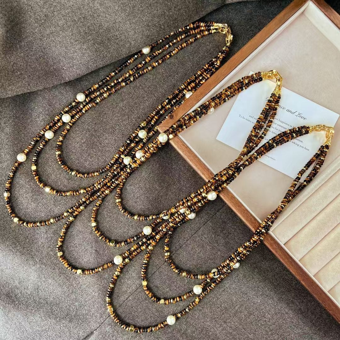 Natural Maillard Tiger's Eye Stone Artificial Crystal Pearl Necklace Vintage Multilayer Clavicle Chain Necklace - Touch Bling