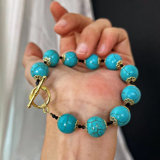 Vintage Artificial Turquoise Clavicle Chain Necklace Turquoise Bracelet Gemstone Jewelry Set for Women - Touch Bling