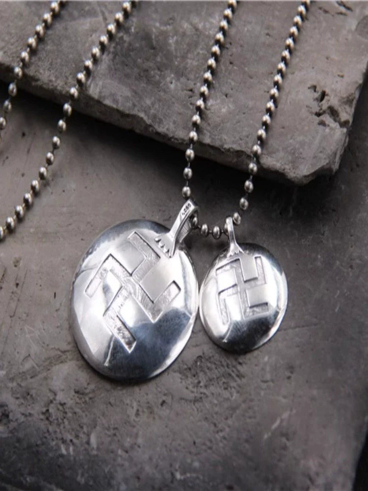 S925 Sterling Silver Retro Six-character Mantra Tag Safe Round Tag Pendant - Touch Bling