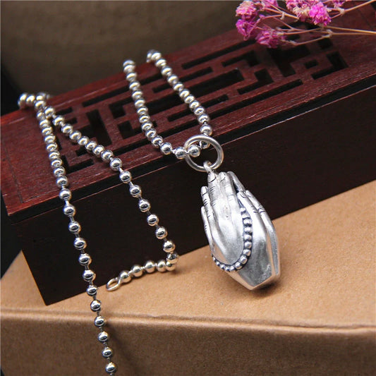 Chanting sutras and praying for peace pendant, full silver S990, close your hands tightly and sincerely worship the body-protecting Buddha hand bead pendant. - Touch Bling