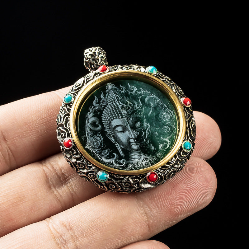 Natural A-Grade Jadeite "One Thought" Tibetan Silver Prayer Wheel Pendant – High Ice Jadeite with Vintage Silver Inlay - Touch Bling