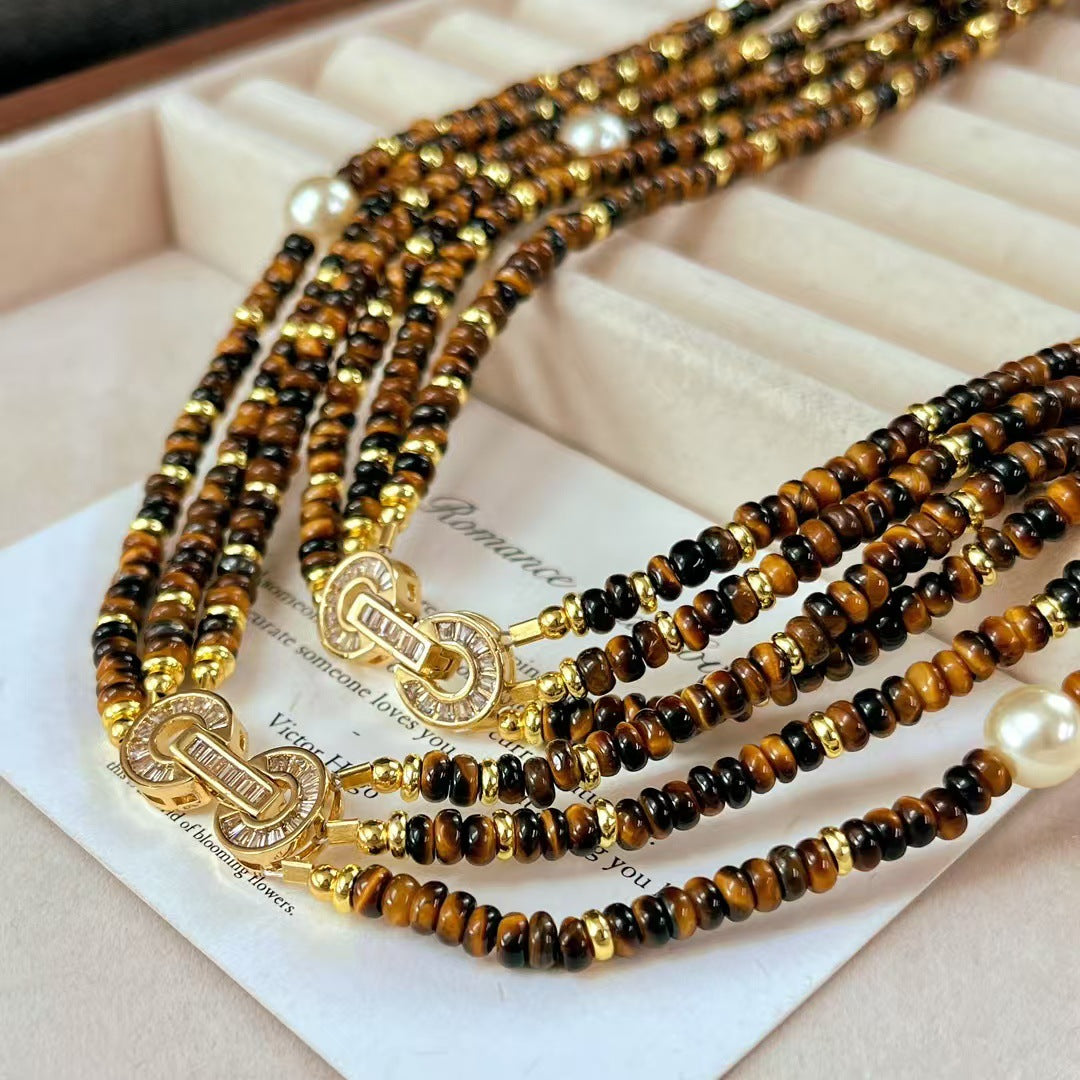 Natural Maillard Tiger's Eye Stone Artificial Crystal Pearl Necklace Vintage Multilayer Clavicle Chain Necklace - Touch Bling