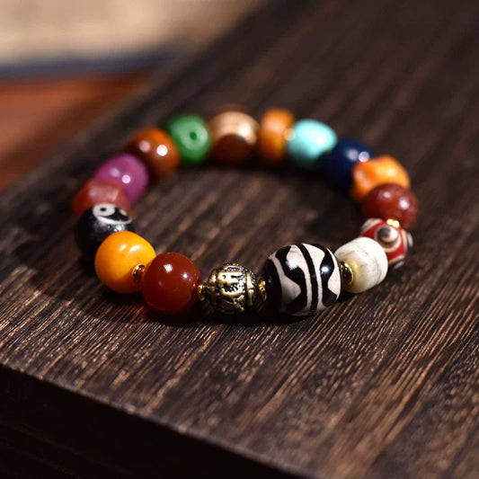 Tibetan Natural Agate Multicolored Bead Bracelet