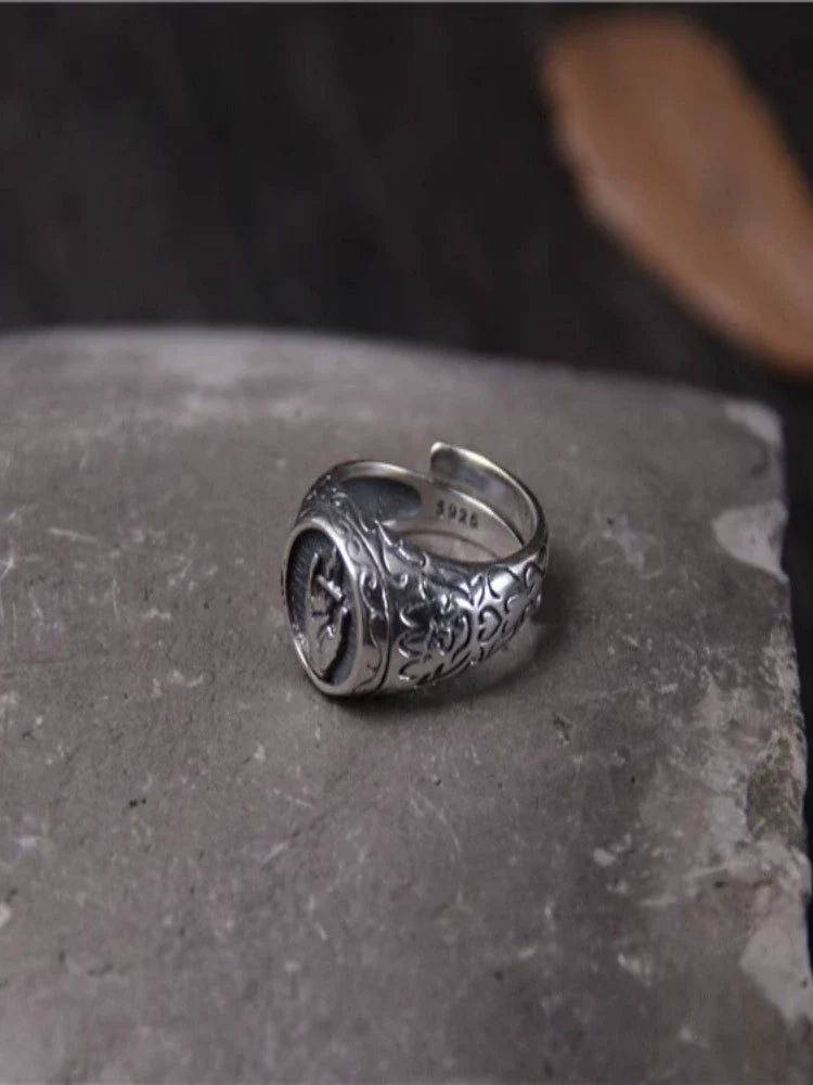S925 Sterling Silver Vintage Silver Bergamot Orchid Finger Ring, Open Ring - Touch Bling