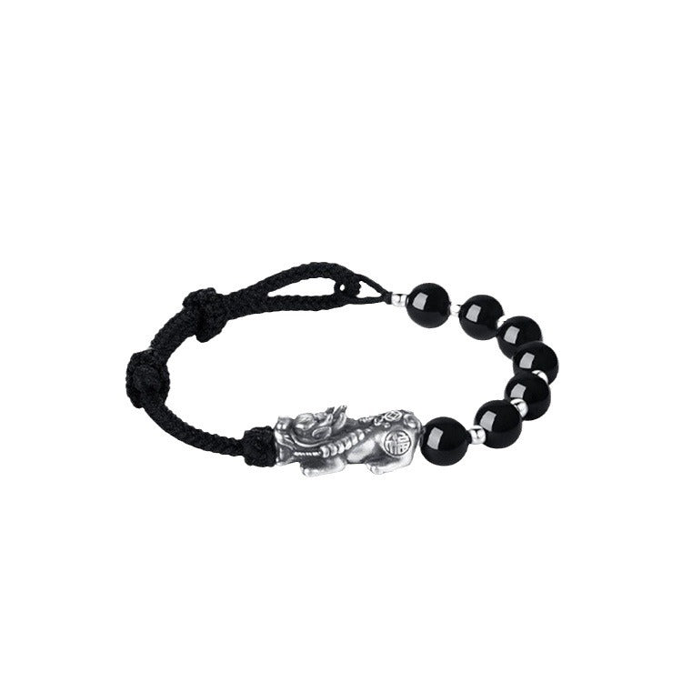 Natural Obsidian Hand-woven Boys Silver Pixiu Feng Shui Bracelet - Touch Bling