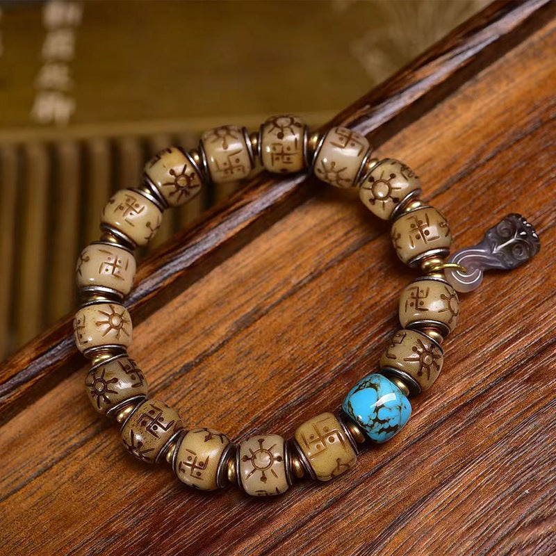 Tibetan Antique Silver Inlaid Camel Bone Bracelet – Handcrafted Tibetan-Style Beaded Bracelet - Touch Bling