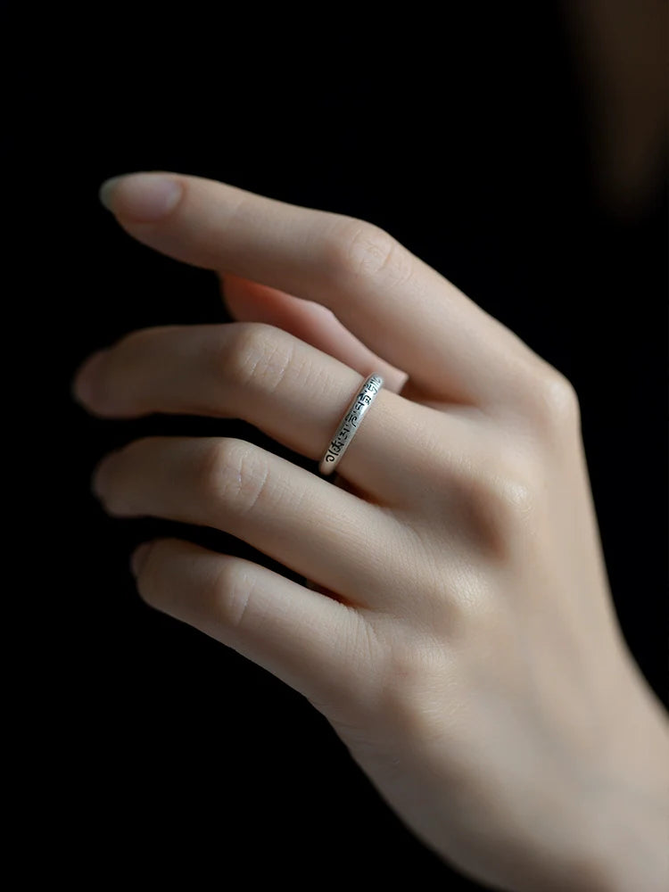 Tibetan Six-Syllable Mantra Adjustable Matte Silver Ring