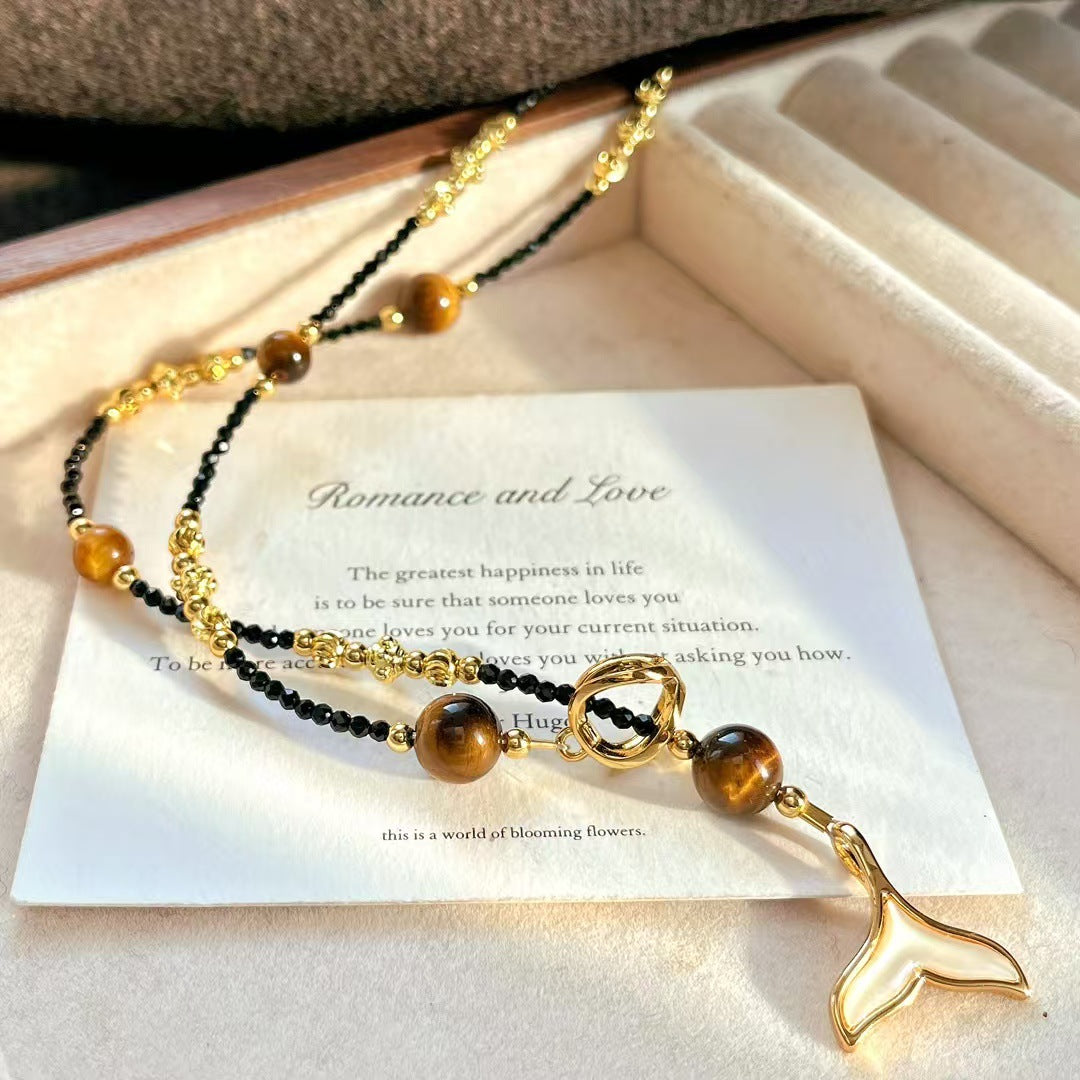 Vintage Natural Tiger's Eye Stone Artificial Crystal Pearl Necklace Clavicle Chain Necklace - Touch Bling