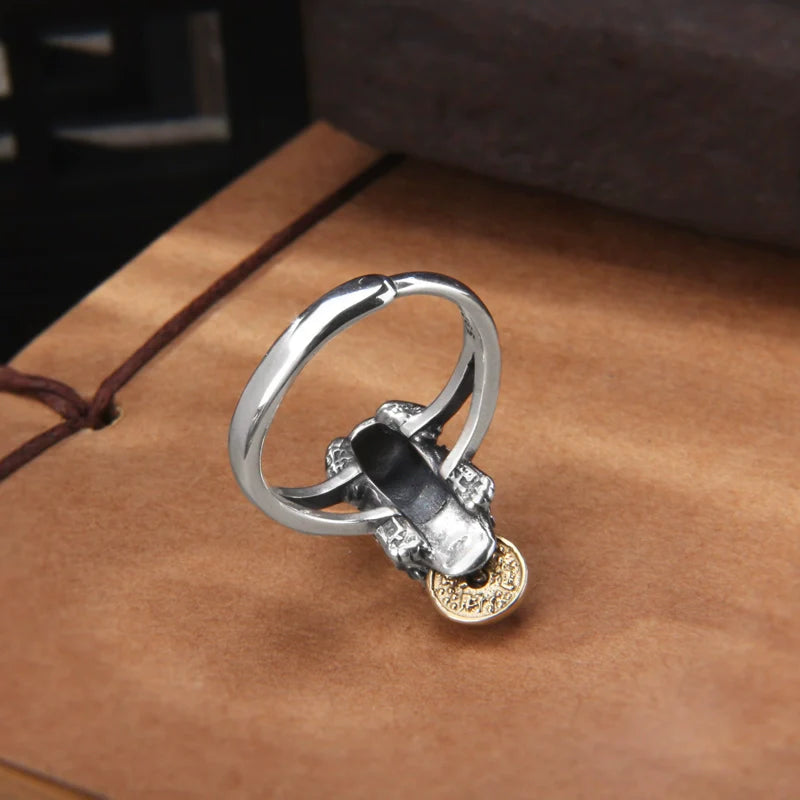 Vintage Lucky Bite Coin Pixiu Ring S925 Silver, Men's Lucky Ring, Opening Design - Touch Bling