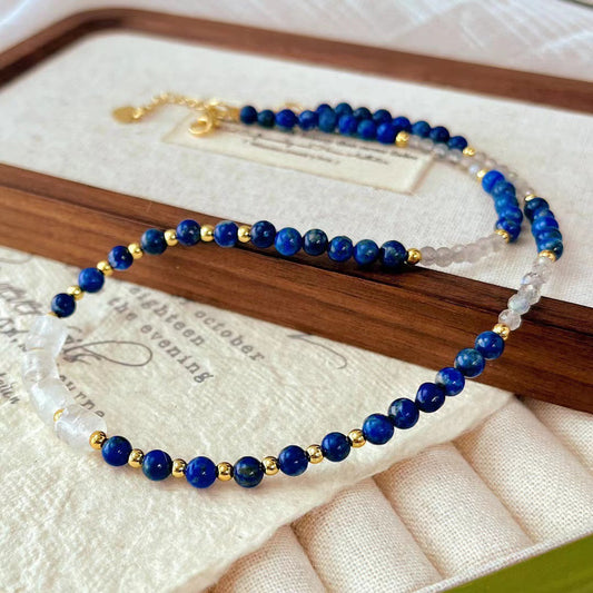 Vintage Natural Lapis Lazuli Necklace White Crystal Gray Moonstone Clavicle Chain Necklace - Touch Bling