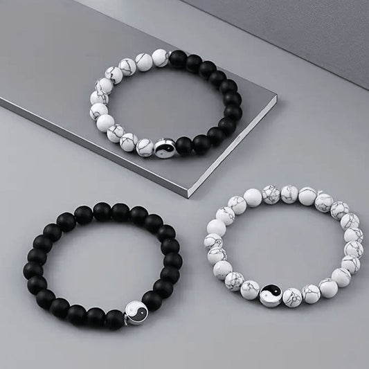 Tai Chi Yin Yang White Turquoise Bracelet Matte Black Handmade Beaded Bracelet - Touch Bling