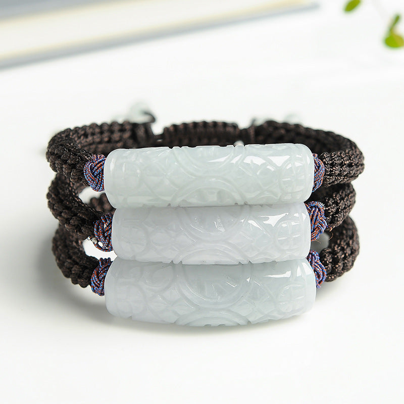 Natural Myanmar Grade A Jade Curved Bar Bracelet – Handmade with Good Fortune and Longevity Carvings - Touch Bling