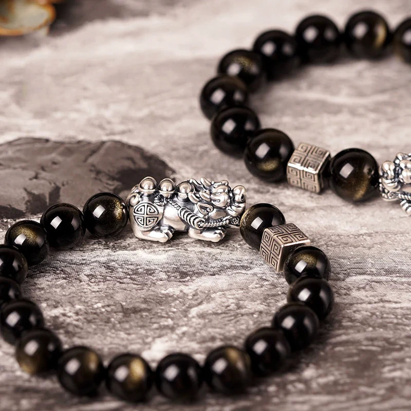 Feng Shui Bracelet Pure Silver Pixiu Bracelet Black Obsidian Men's Bracelet