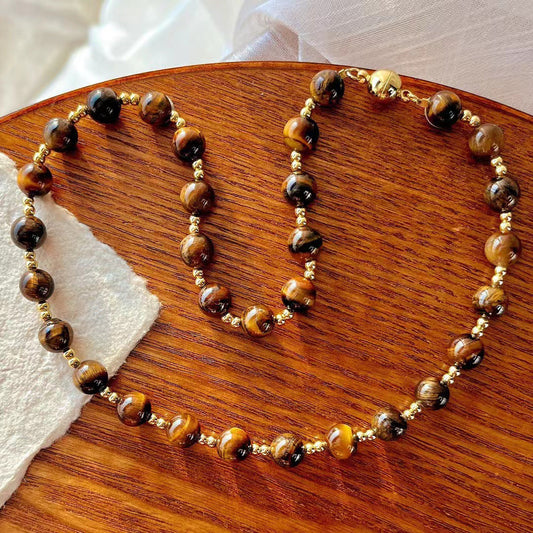 Vintage Boutique 8mm Maillard Style Natural Tiger's Eye Stone Clavicle Chain Necklace - Touch Bling