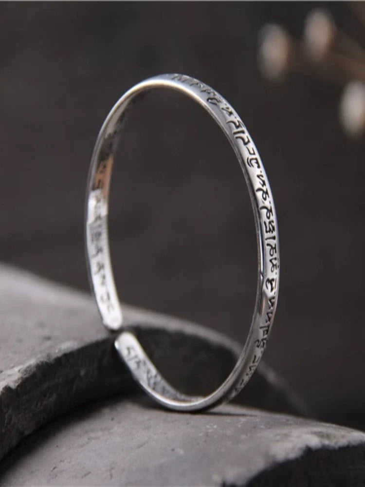 S925 Sterling Silver Six-character Mantra Open Bracelet, Retro Sanskrit Solid Men's and Women's Bracelets - Touch Bling