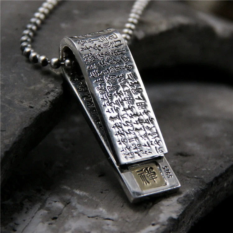 S925 Sterling Silver Retro Pure Silver Heart Sutra Pendant - Touch Bling