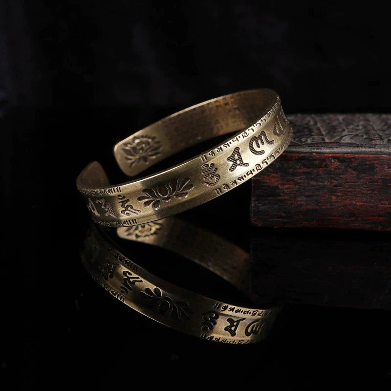 Tibetan Copper Bracelet Lotus Six-Character Mantra Open Bangle