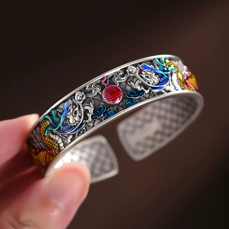Pure Silver Enamel Zodiac Dragon Bangle