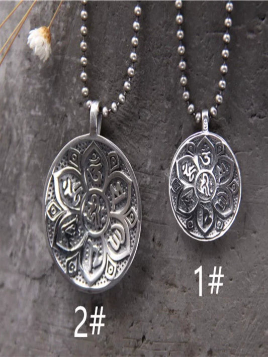 S925 Sterling Silver Retro Six-character Mantra Tag Safe Round Tag Pendant - Touch Bling