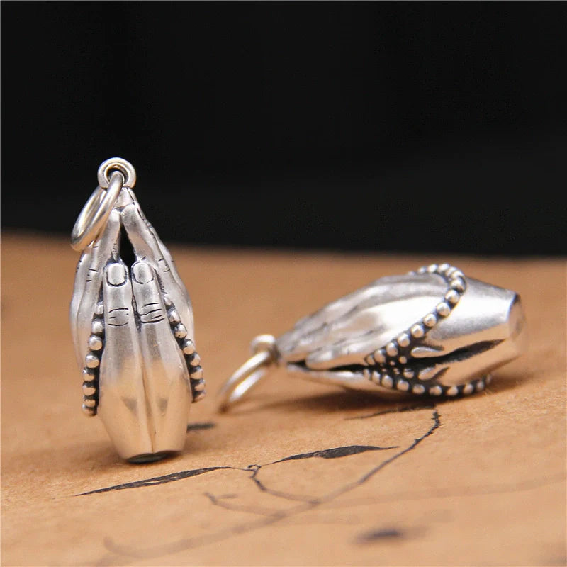 Chanting sutras and praying for peace pendant, full silver S990, close your hands tightly and sincerely worship the body-protecting Buddha hand bead pendant. - Touch Bling