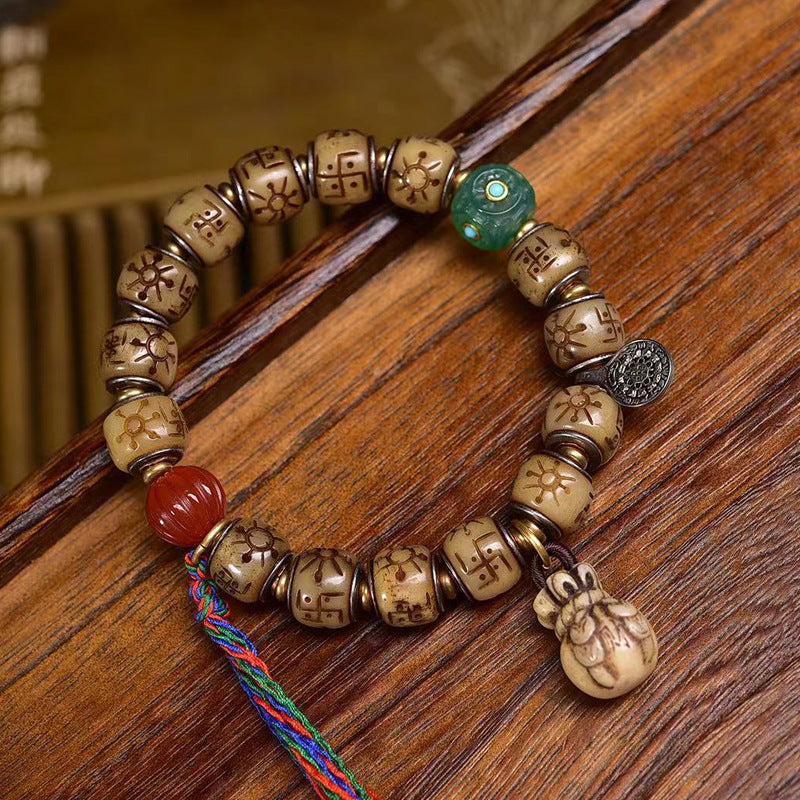 Tibetan Antique Silver Inlaid Camel Bone Bracelet – Handcrafted Tibetan-Style Beaded Bracelet - Touch Bling