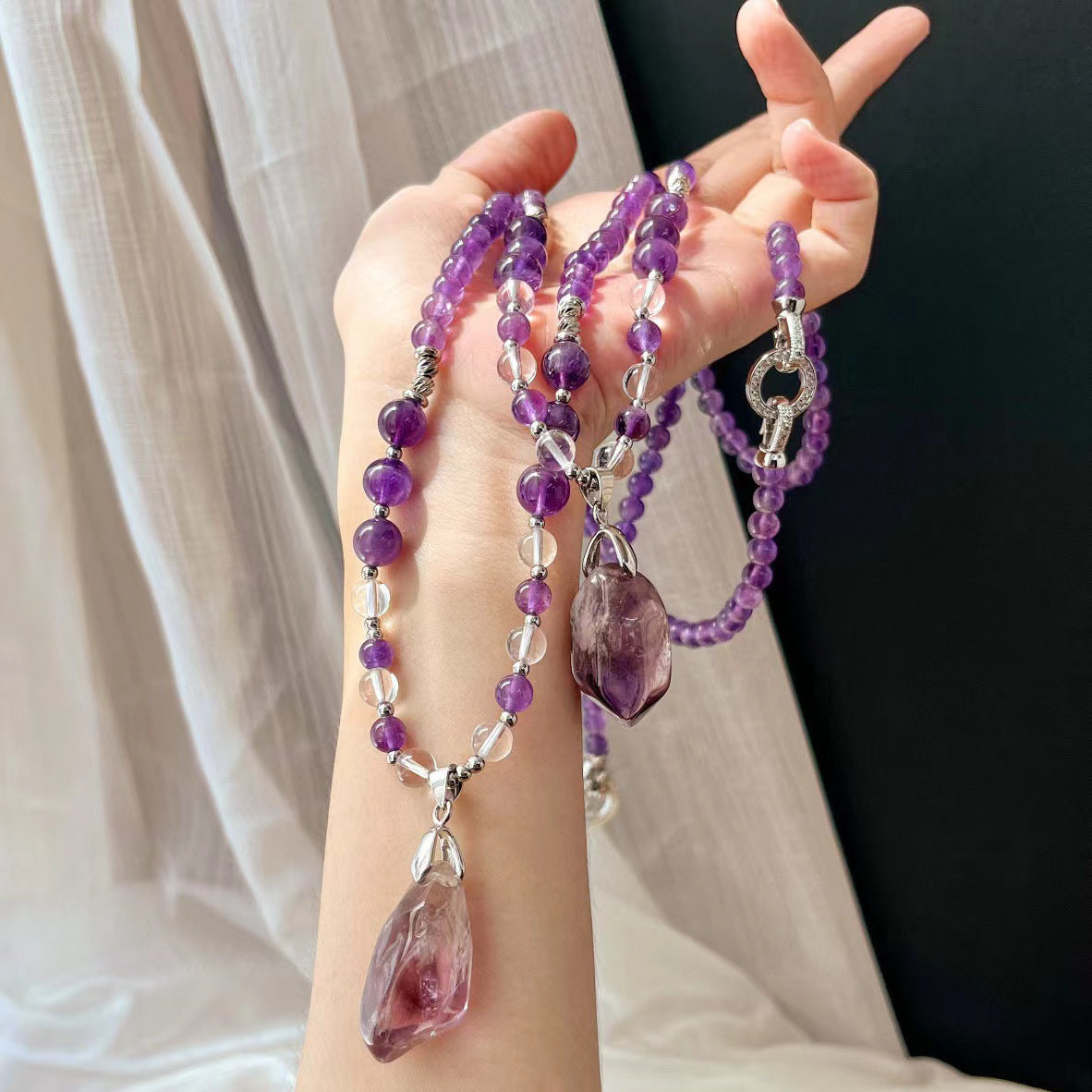 Natural Amethyst Necklace Handmade Beaded Pendant Exquisite Clavicle Chain Necklace - Touch Bling