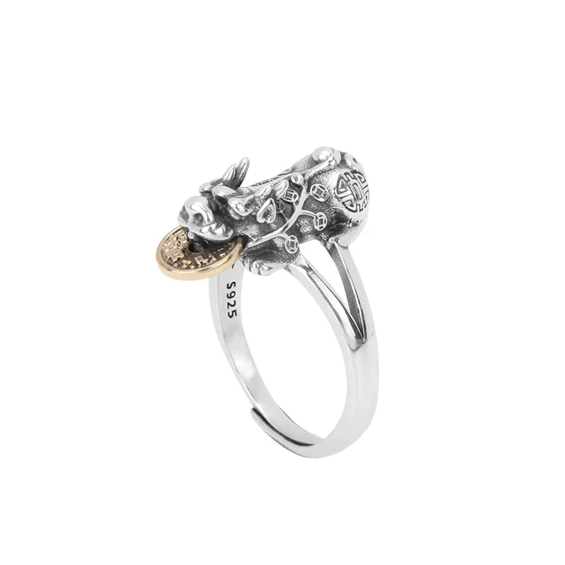 Vintage Lucky Bite Coin Pixiu Ring S925 Silver, Men's Lucky Ring, Opening Design - Touch Bling