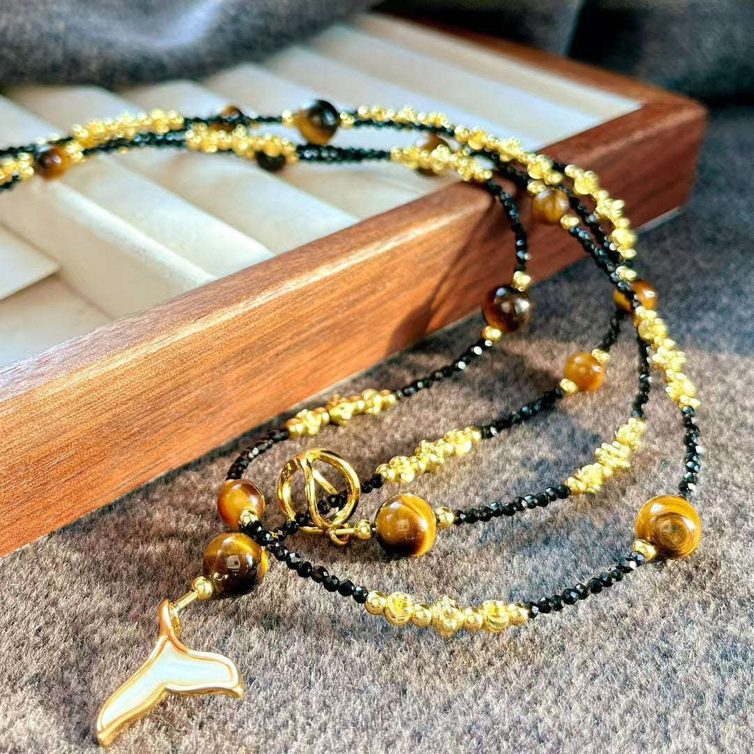 Vintage Natural Tiger's Eye Stone Artificial Crystal Pearl Necklace Clavicle Chain Necklace - Touch Bling