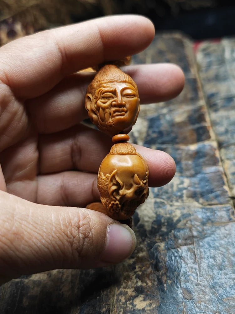 Buddha & Demon Carved Olive Pit Beads Buddha Bracelet for Meditation