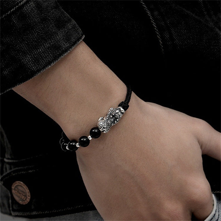Natural Obsidian Hand-woven Boys Silver Pixiu Feng Shui Bracelet - Touch Bling