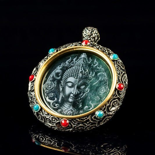 Natural A-Grade Jadeite "One Thought" Tibetan Silver Prayer Wheel Pendant – High Ice Jadeite with Vintage Silver Inlay - Touch Bling