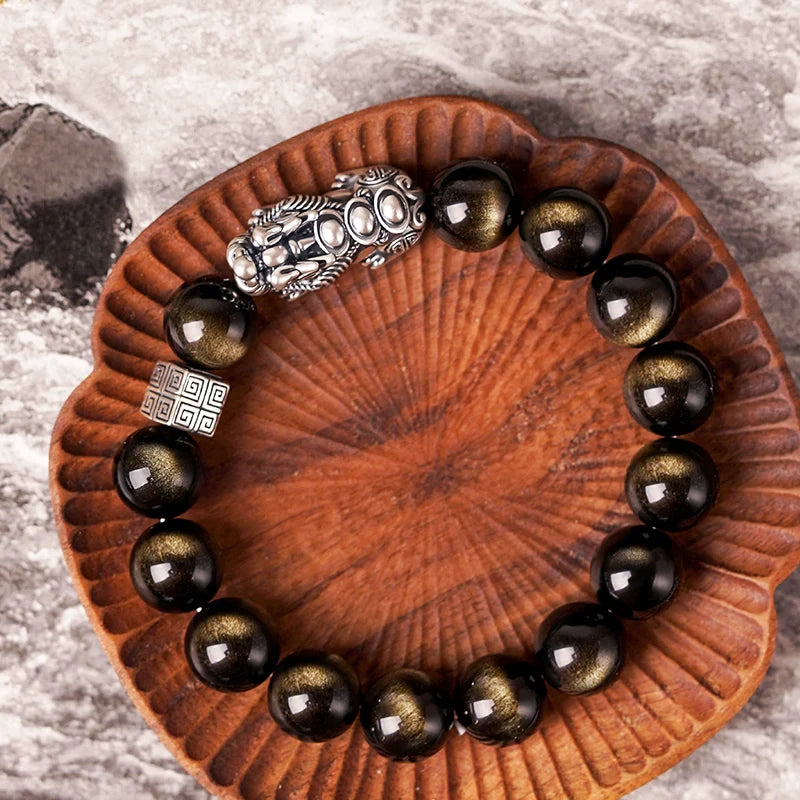 Feng Shui Bracelet Pure Silver Pixiu Bracelet Black Obsidian Men's Bracelet