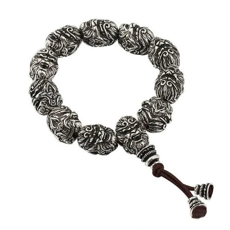 Vintage Men's Silver Bracelet Sun Wukong Fighting Buddha Beaded Bracelet - Touch Bling