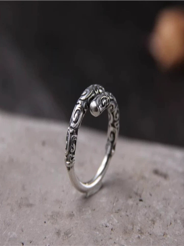 S925 Sterling Silver Retro Sun Wukong Golden Cudgel Ring Adjustable Unisex Finger Ring - Touch Bling