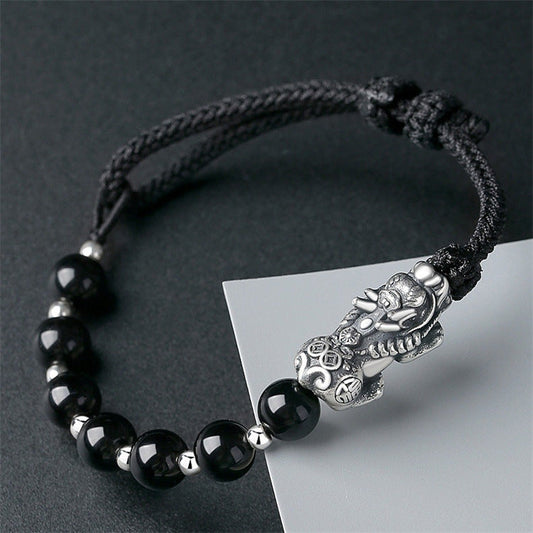 Natural Obsidian Hand-woven Boys Silver Pixiu Feng Shui Bracelet - Touch Bling