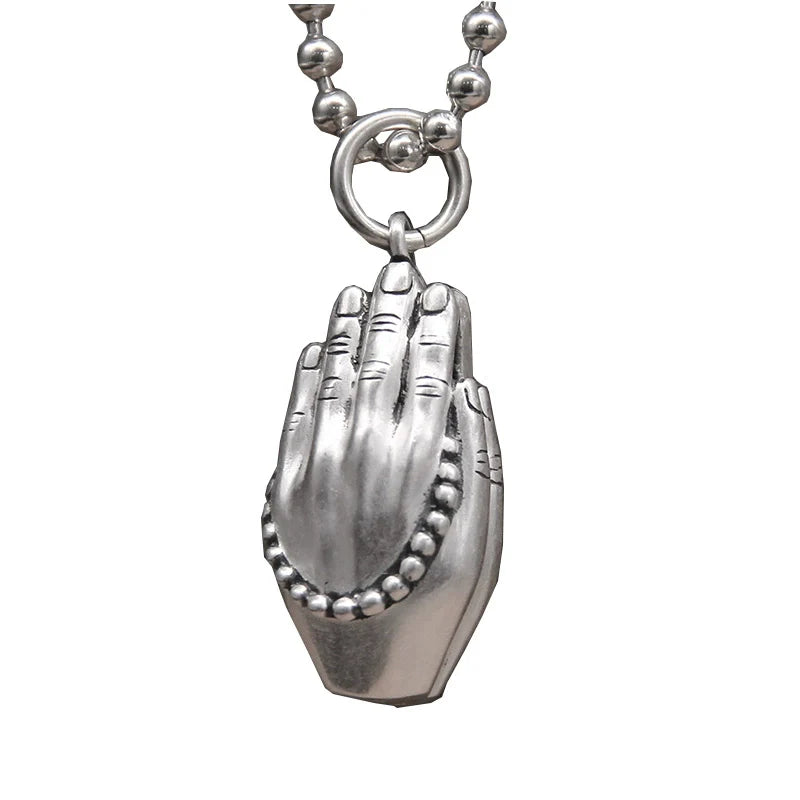 Chanting sutras and praying for peace pendant, full silver S990, close your hands tightly and sincerely worship the body-protecting Buddha hand bead pendant. - Touch Bling