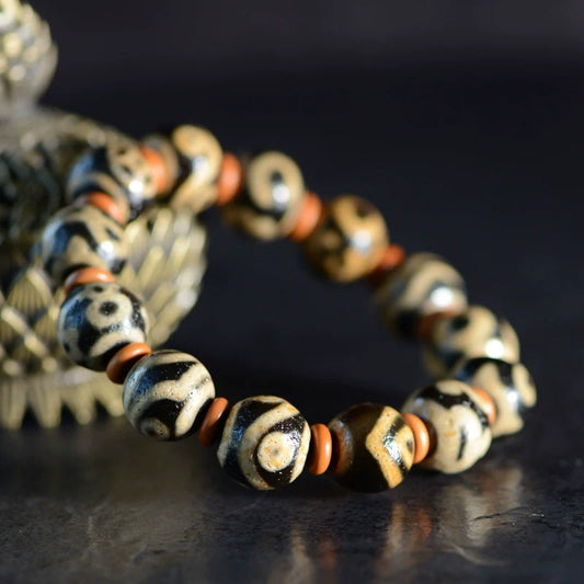 Dallow Dzi Bead Bracelet Tibetan Old Agate Round Beads High Oil Weathered 14mm Men's - Touch Bling