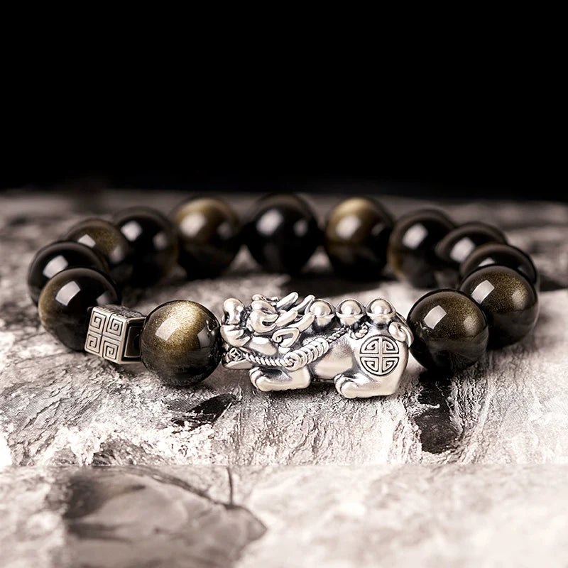 Feng Shui Bracelet Pure Silver Pixiu Bracelet Black Obsidian Men's Bracelet
