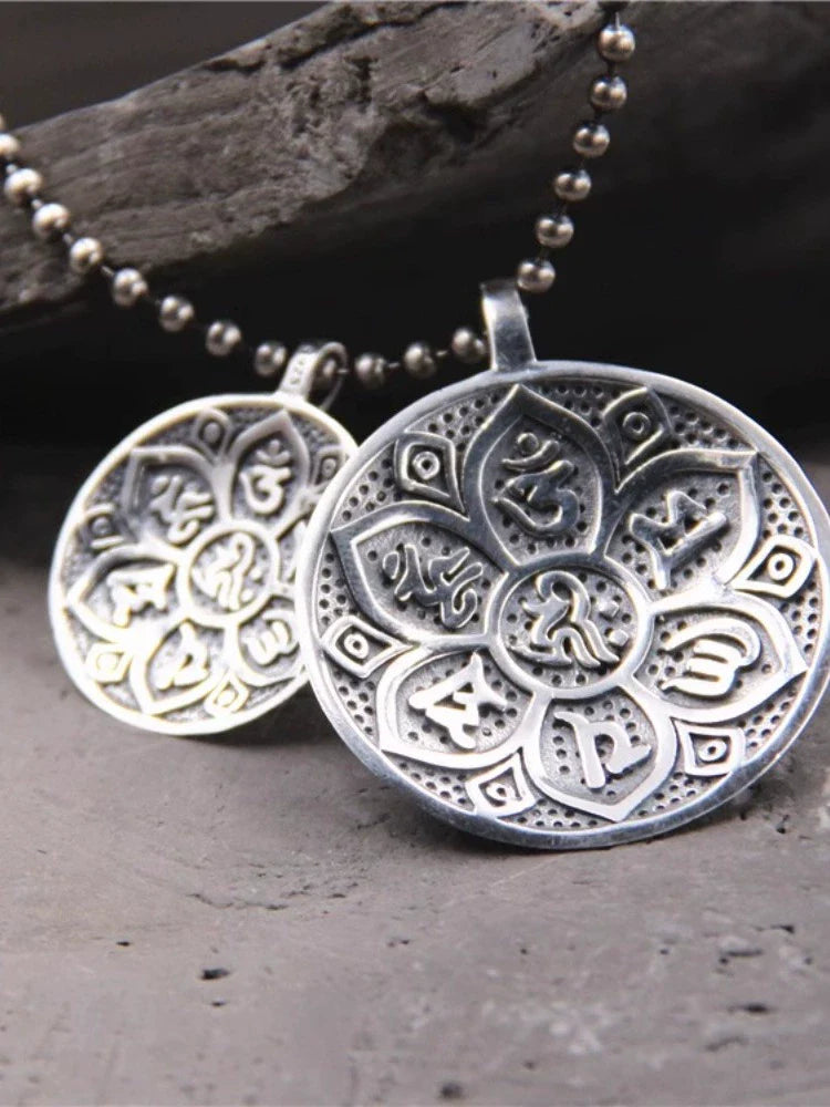 S925 Sterling Silver Retro Six-character Mantra Tag Safe Round Tag Pendant - Touch Bling
