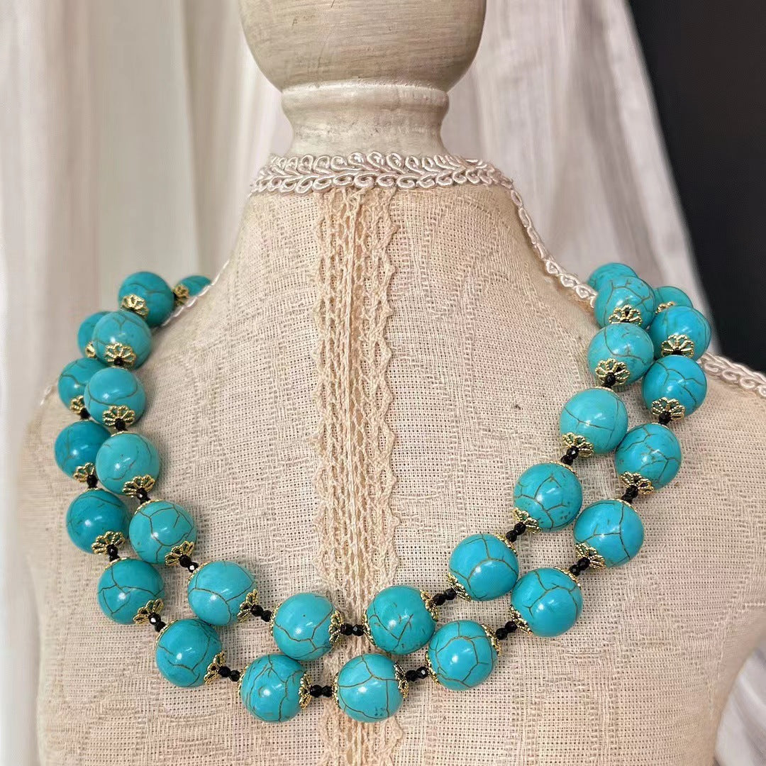 Vintage Artificial Turquoise Clavicle Chain Necklace Turquoise Bracelet Gemstone Jewelry Set for Women - Touch Bling