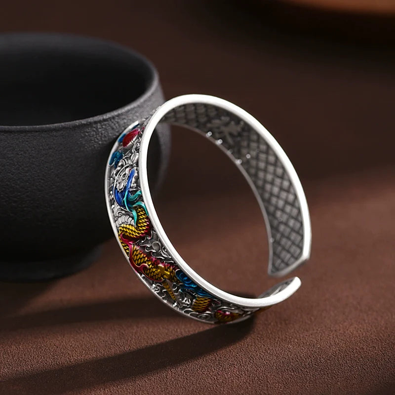 Pure Silver Enamel Zodiac Dragon Bangle