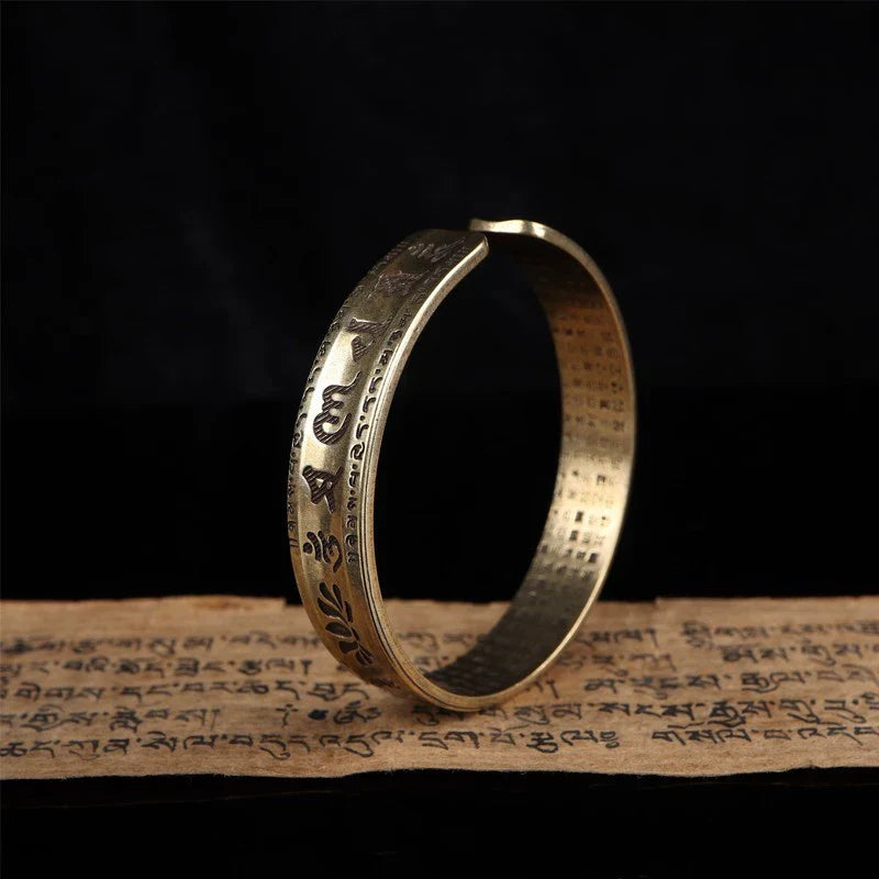Tibetan Copper Bracelet Lotus Six-Character Mantra Open Bangle