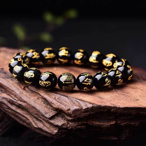 Tibetan Bracelet Obsidian Mani Mantra Bracelet - Luck & Protection