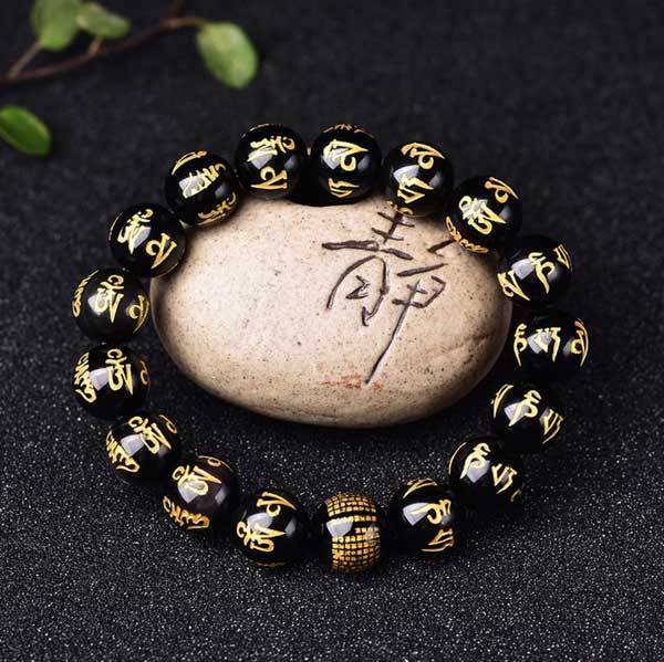 Tibetan Bracelet Obsidian Mani Mantra Bracelet - Luck & Protection
