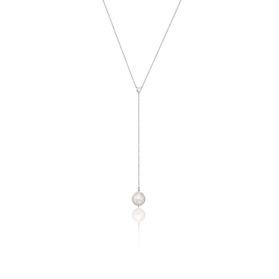 Silver Single Diamond Style Pearl Lariat Necklace