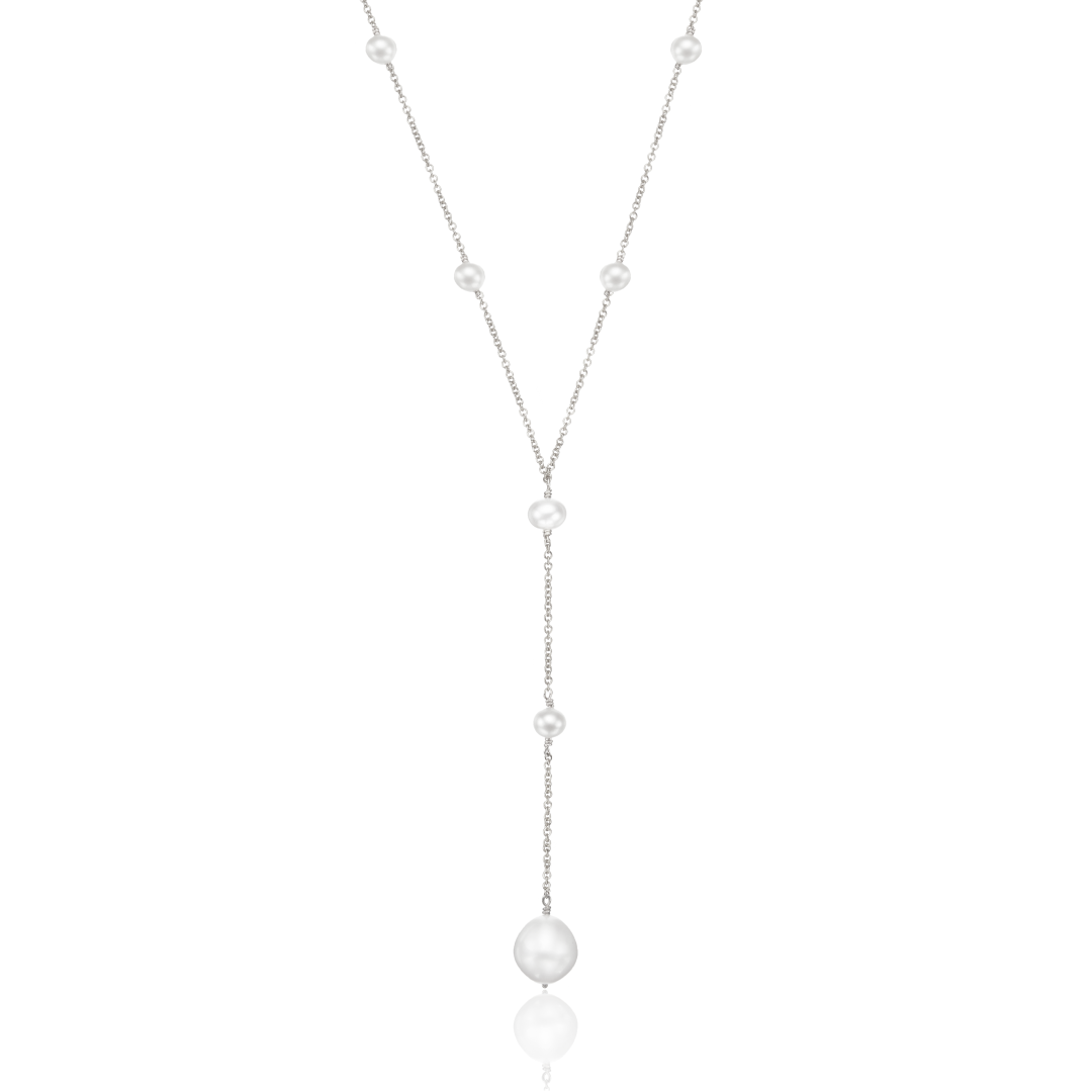 Collar de lazo con múltiples perlas en oro blanco macizo